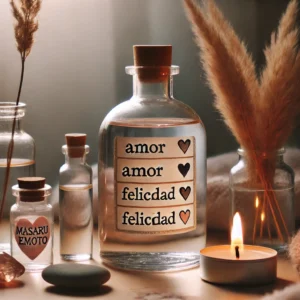 Una botella de vidrio con agua programada, etiquetada con palabras positivas como 'amor' y 'felicidad', rodeada de cuarzos y una vela encendida, reflejando la teoría de Masaru Emoto.