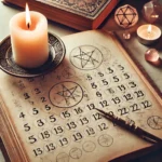 Números sagrados escritos en una libreta junto a una vela encendida y cuarzos en un ambiente relajante, transmitiendo una energía mística y espiritual.