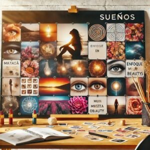 Tablero de visión con imágenes de metas y sueños, acompañado de frases motivacionales, transmitiendo creatividad, manifestación y enfoque en objetivos.