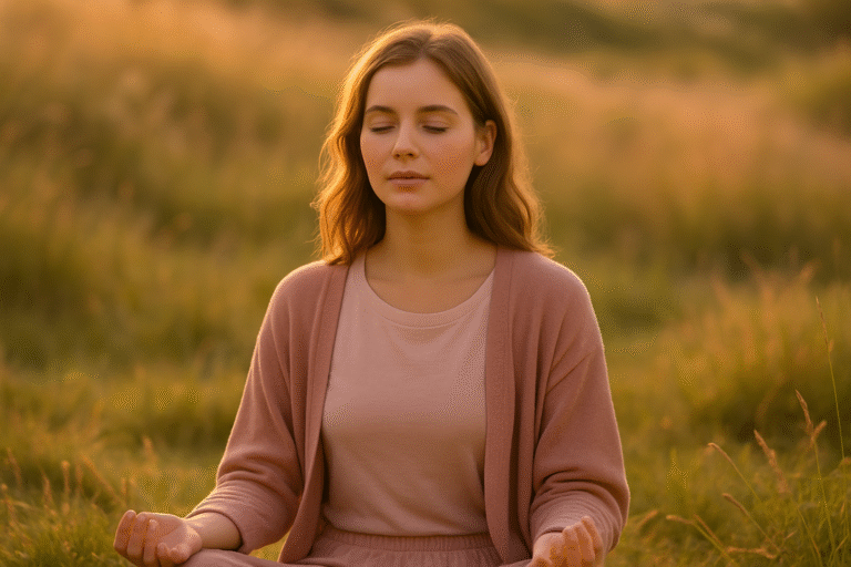 Mujer joven meditando en un campo al atardecer, con expresión de paz interior, rodeada de luz dorada y vestida en tonos rosa, simbolizando calma y visualización.