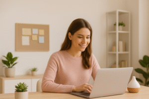 Mujer emprendedora joven trabajando desde casa en su portátil, rodeada de plantas, luz natural y con una expresión serena, en un entorno minimalista y cálido.