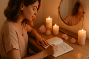 Mujer joven escribiendo códigos de Grabovoi en su diario frente a un espejo, rodeada de velas y cristales en tonos nude y rosa dorado.